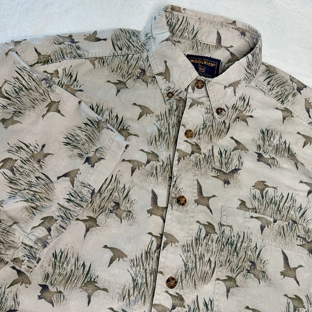 Woolrich XXL Duck Hunting Bird Print Short Sleeve Button Down Shirt Gorp Outdoor